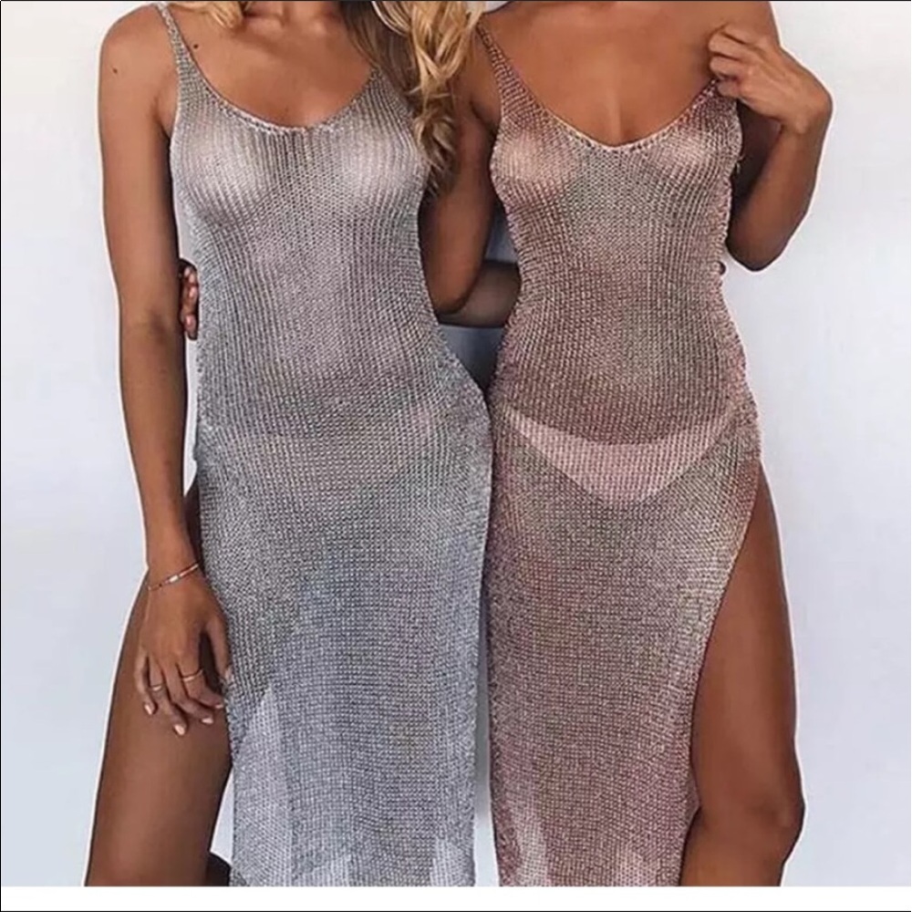 Pink silver metallic black crochet swim beach cover up bikini swimsuit dress OS